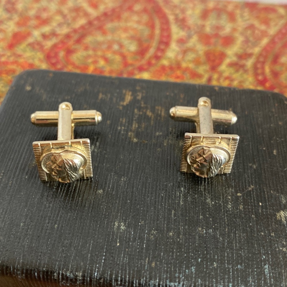Vintage square gold tone Greco Roman man/woman profile bullet toggle cuff links